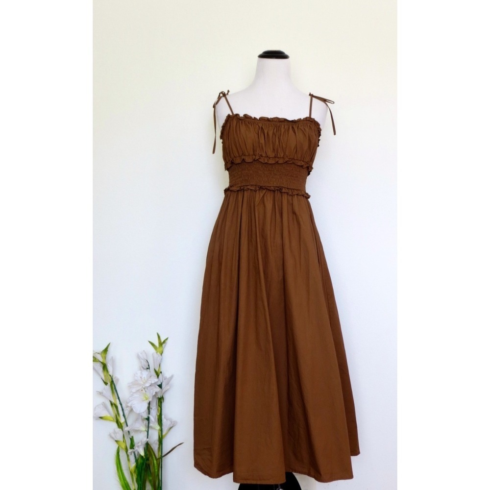 NEW! Sugarlips Orion Smocked Waist Poplin Midi Dress Brown SZ S - Picture 7 of 12